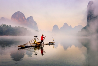 Misty Sunrise Chinese Cormorant Fisherman Xingping, Guilin