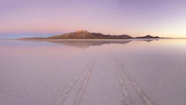 Lone tracks thru Bolovian salt flats