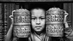 Monk, child, portrait, black and gwite