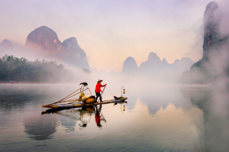 Misty Sunrise Xingping Cormorant Fisherman. Misty Sunrise Chinese Cormorant Fisherman Xingping, Guilin