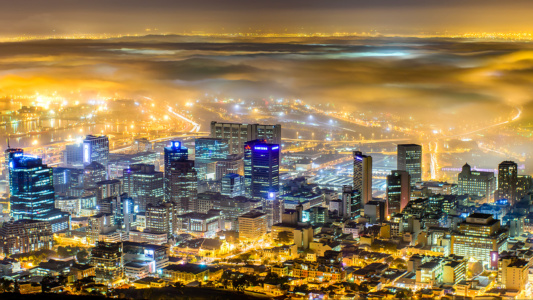 Misterious Dramatic sea mist Cape Town city, amazing, surreal