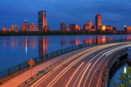 Cityscape Boston Twilight Car light trails view of Charles River and city