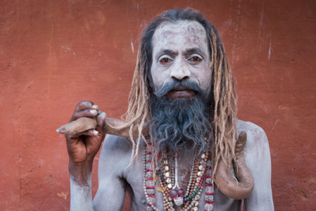 Snake man sadhu Sadhu with snake, varanasi, india, portrait