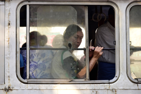 The commute Bus commuter hot day, Yangon, Myanmar